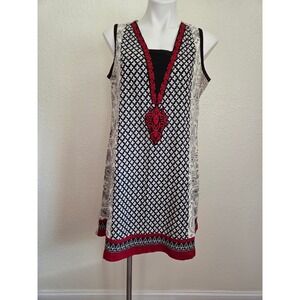 Rangmanch Womens XL Sleeveless Tunic Dress Black White Paisley Red Embroidery